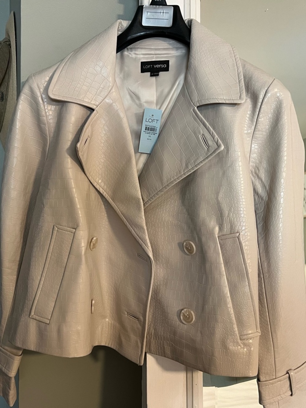 LOFT Versa Light Cream Croc-Embossed Double-Breasted Jacket Faux Leather